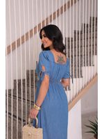 Vestido Jeans Longo Manga Curta com laço 
