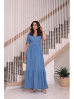 Vestido Jeans Longo Manga Curta com laço 