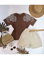 Blusa Manga Bordada Em Strass Marrom 