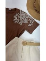 Blusa Manga Bordada Em Strass Marrom 