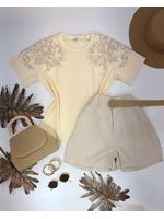 Blusa Manga Bordada Em Strass Amarelo Manteiga