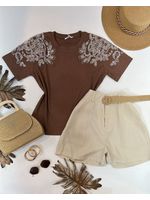 Blusa Manga Bordada Em Strass Marrom 