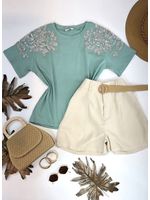 Blusa Manga Bordada Em Strass Verde