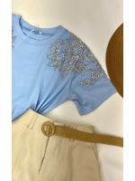 Blusa Manga Bordada Em Strass Azul 