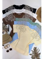 Blusa Manga Bordada Em Strass Amarelo Manteiga