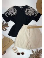 Blusa Manga Bordada Em Strass Preta