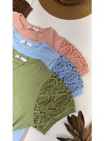 Blusa Manga Bordada Em Guipir Verde