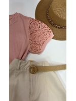 Blusa Manga Bordada Em Guipir Rosa