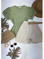 Blusa Manga Bordada Em Guipir Verde