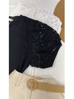 Blusa Manga Bordada Em Guipir Preta 