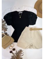 Blusa Manga Bordada Em Guipir Preta 