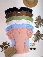 Blusa Manga Bordada Em Guipir Rosa