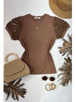 Blusa Manga Bordada Em Guipir Marrom