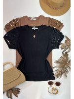 Blusa Manga Bordada Em Guipir Preta 