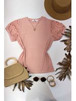 Blusa Manga Bordada Em Guipir Rosa