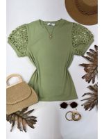 Blusa Manga Bordada Em Guipir Verde