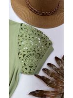 Blusa Manga Bordada Em Guipir Verde