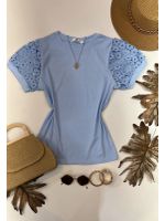 Blusa Manga Bordada Em Guipir Azul 