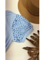 Blusa Manga Bordada Em Guipir Azul 