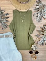 Blusa Canelada Regata Alongada Verde Militar 