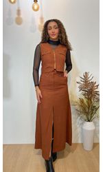 Conjunto Saia Mídi e Cropped Regata Marrom 