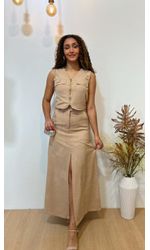 Conjunto Saia Mídi e Cropped Regata Bege 
