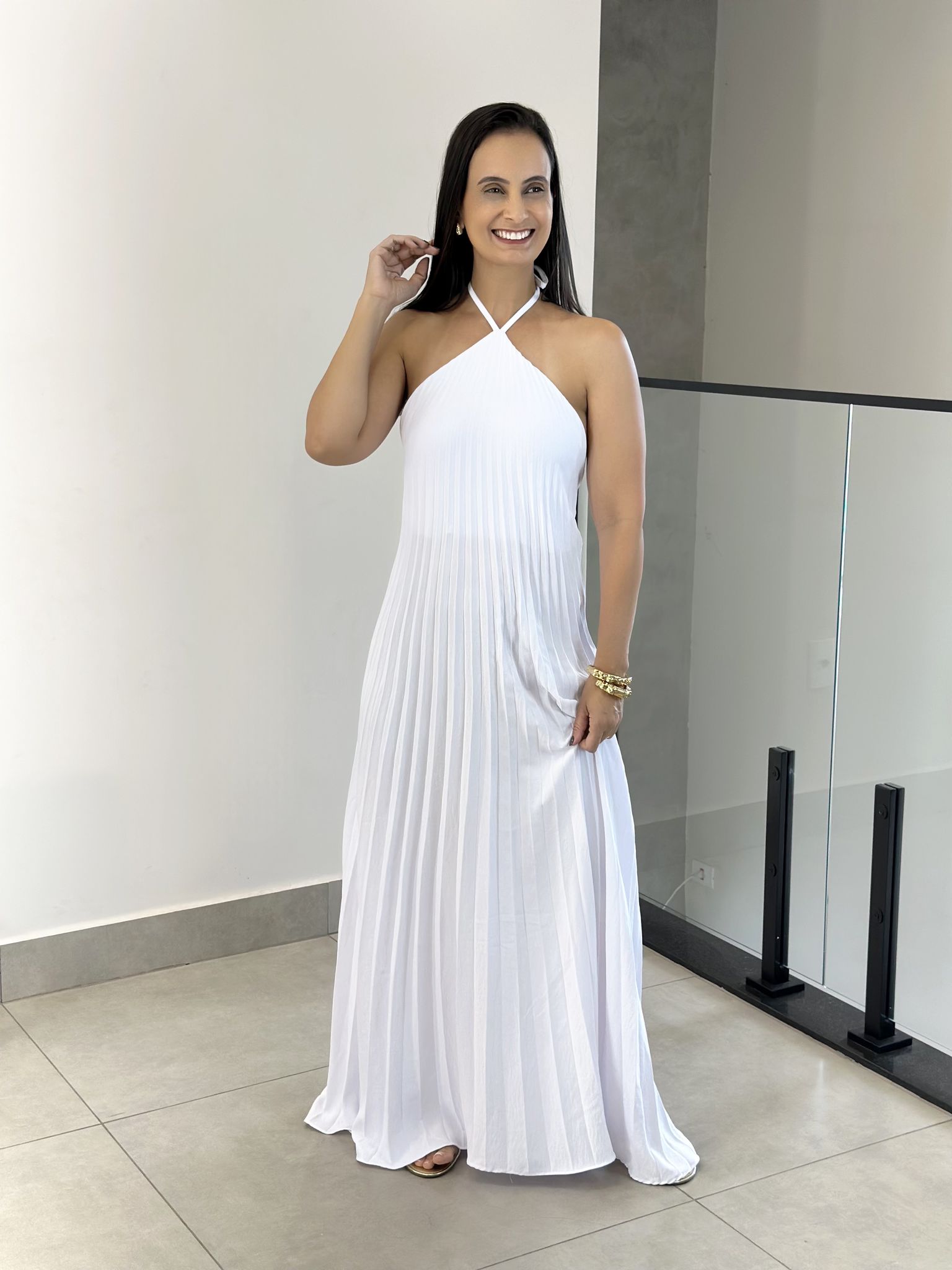 VESTIDO PLISSADO BRANCO - Reprise Modas