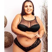 Conjunto Plus Size Tule Preto Bolinha e Caleçon Renda