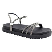 Sandália Rasteira Feminina com Pedrarias Coloridas Brilho Intenso Preto