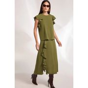 Saia Maxi Midi Babados em Crepe Verde Escuro