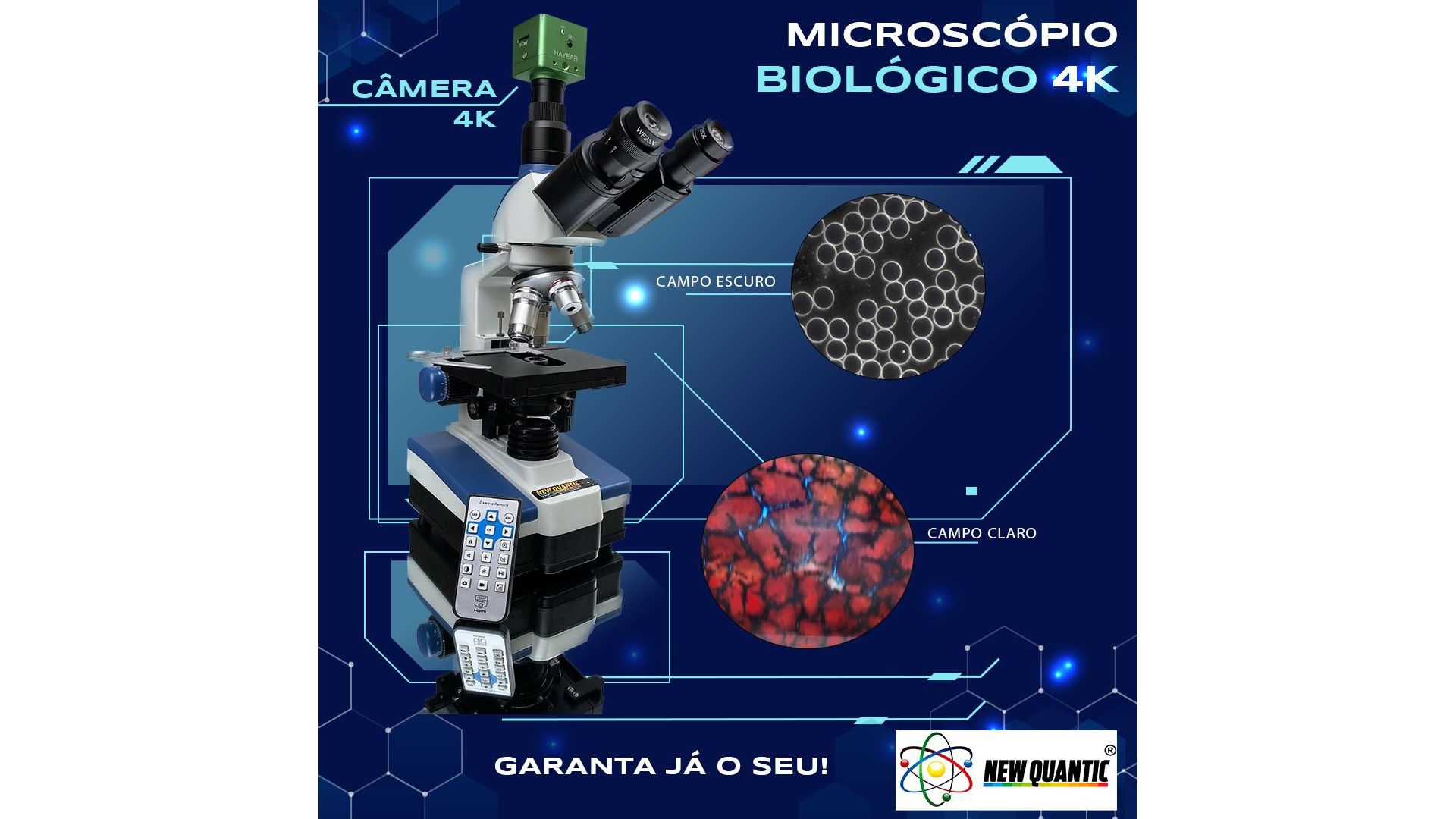 Microscópio Biológico New Quantic trinocular com câmera 4K