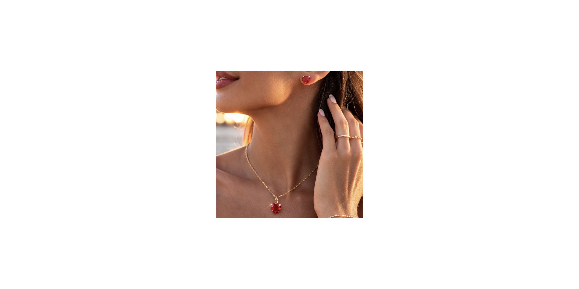 Conjunto Coração Vermelho Zicônia Banhado a Ouro 18K