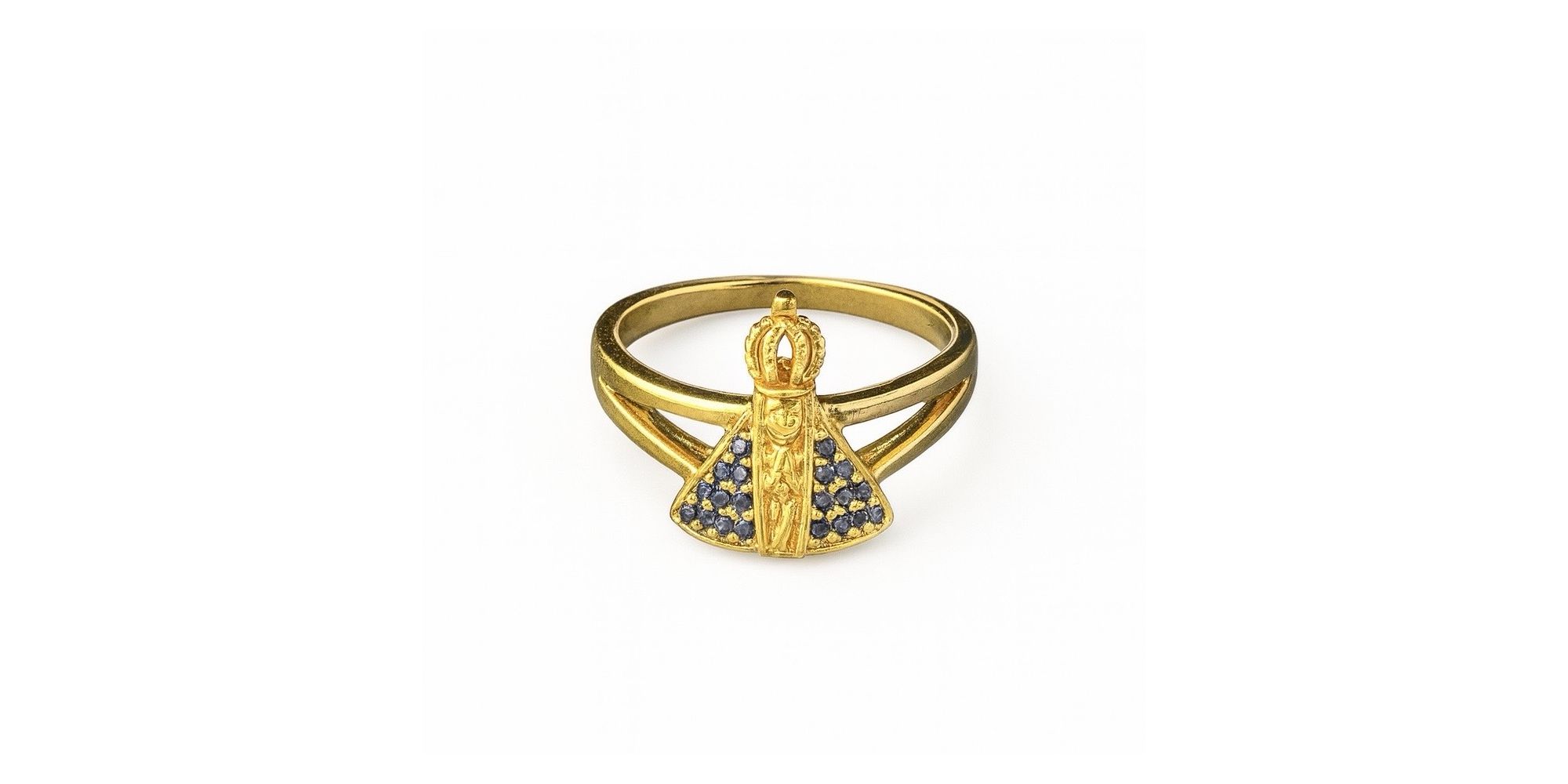 Anel Nossa Senhora Cravejado Azul Banhado a Ouro 18K