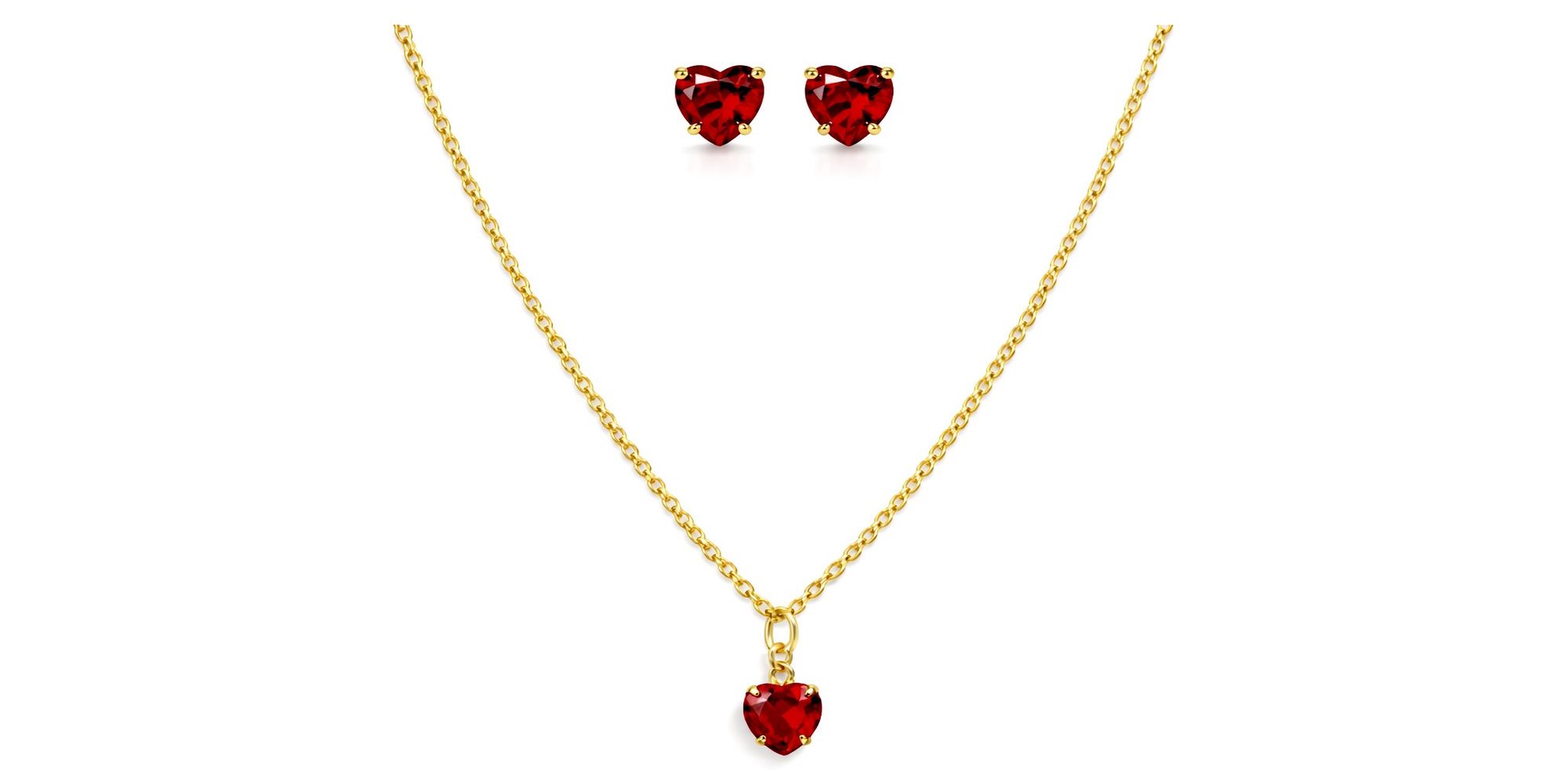 Conjunto Coração Vermelho Zicônia Banhado a Ouro 18K