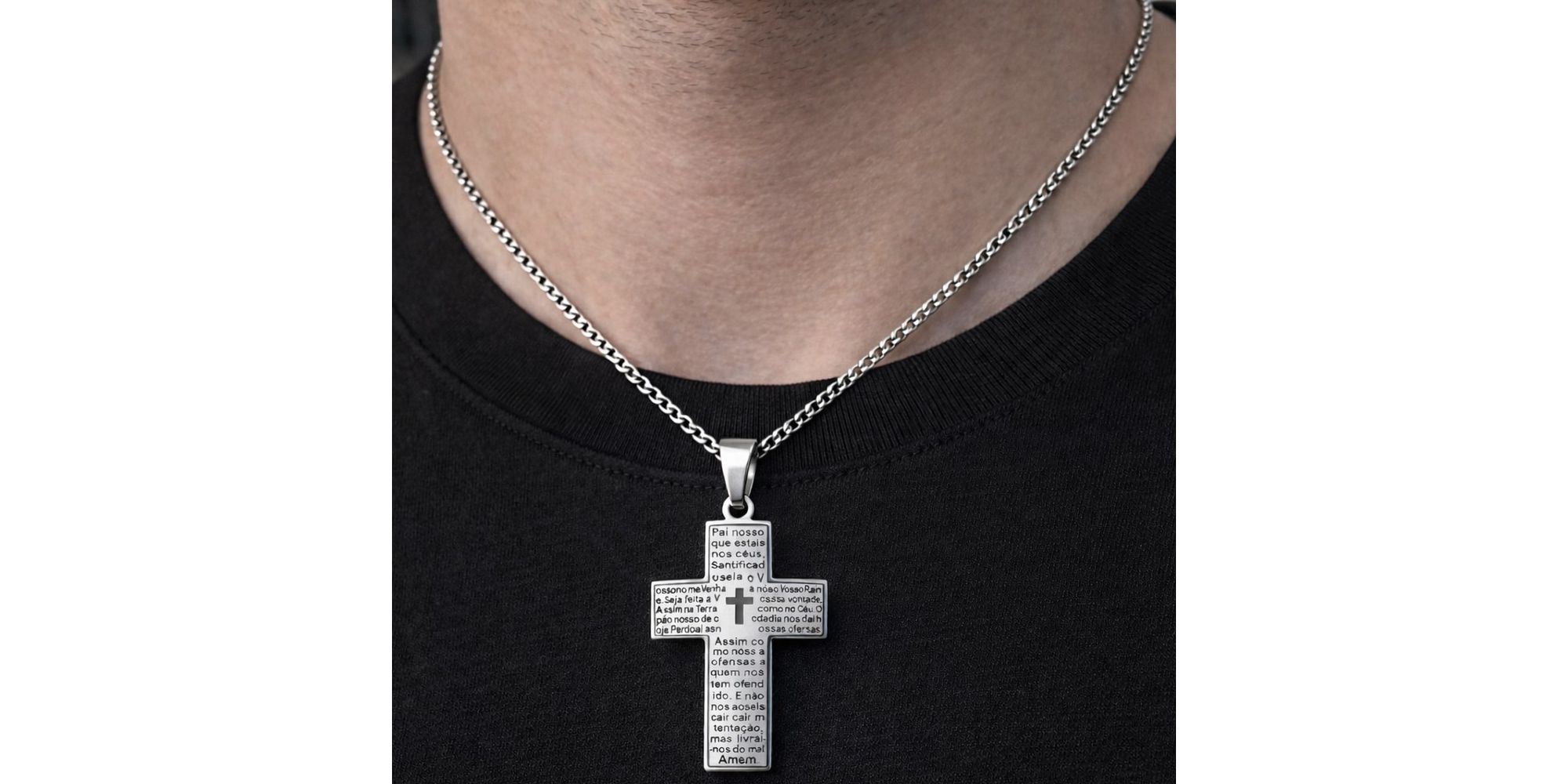 Pingente Cruz Pai Nosso Aço Inoxidável 