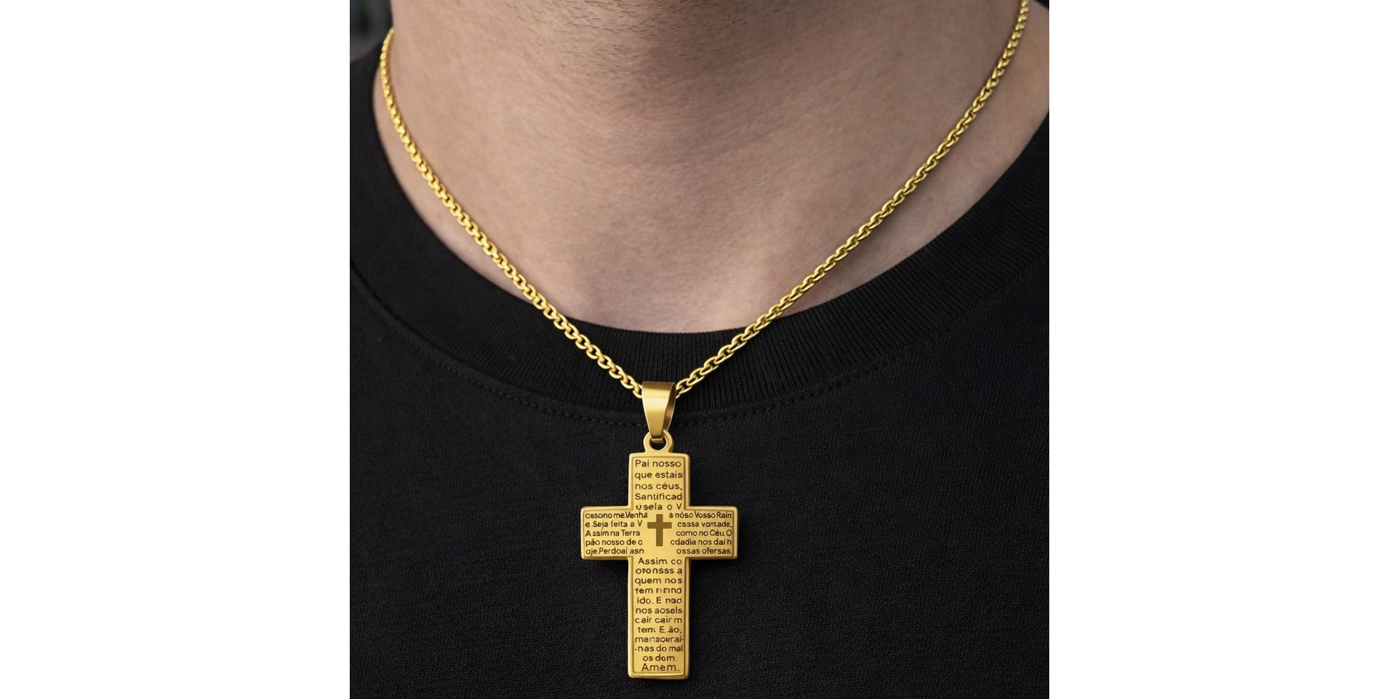 Pingente Cruz Pai Nosso Aço Dourado