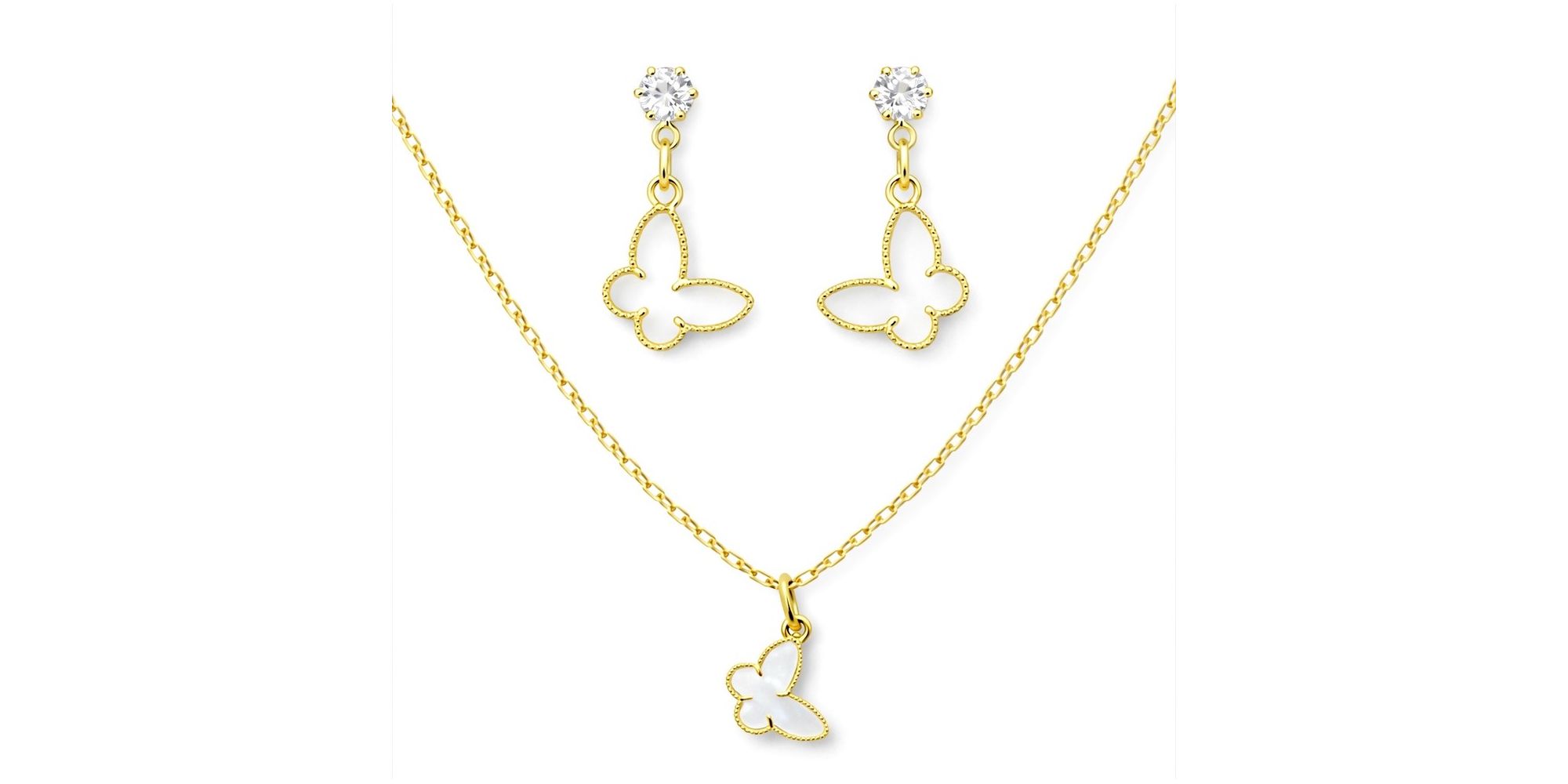 Conjunto Borboleta Branco Banhado a Ouro 18K