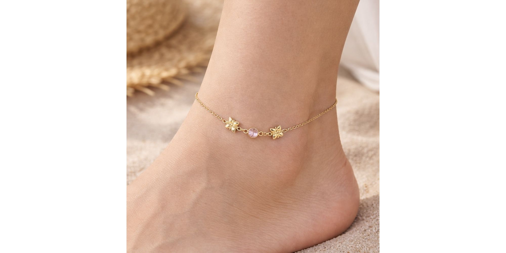 Tornozeleira Borboleta Tiffany Rosa Entremeio Banhado a Ouro 18K