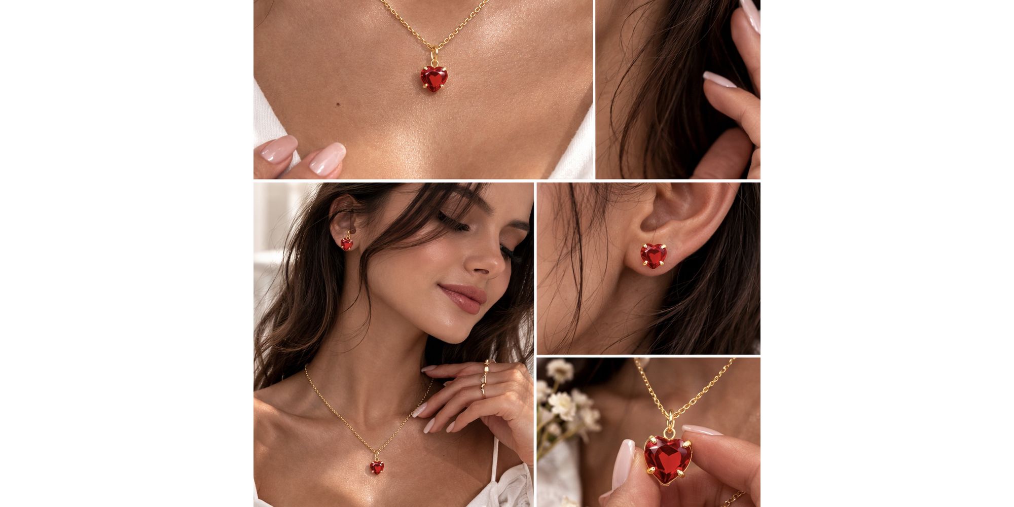 Conjunto Coração Vermelho Zicônia Banhado a Ouro 18K
