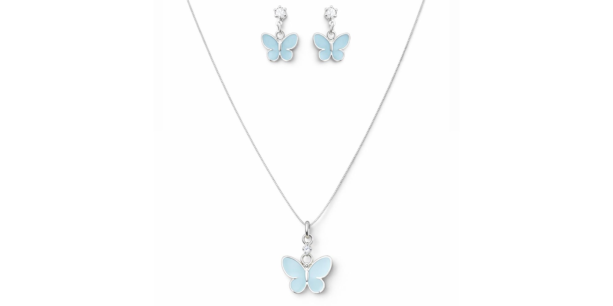 Conjunto Infantil Borboleta Azul Banhado a Prata 925