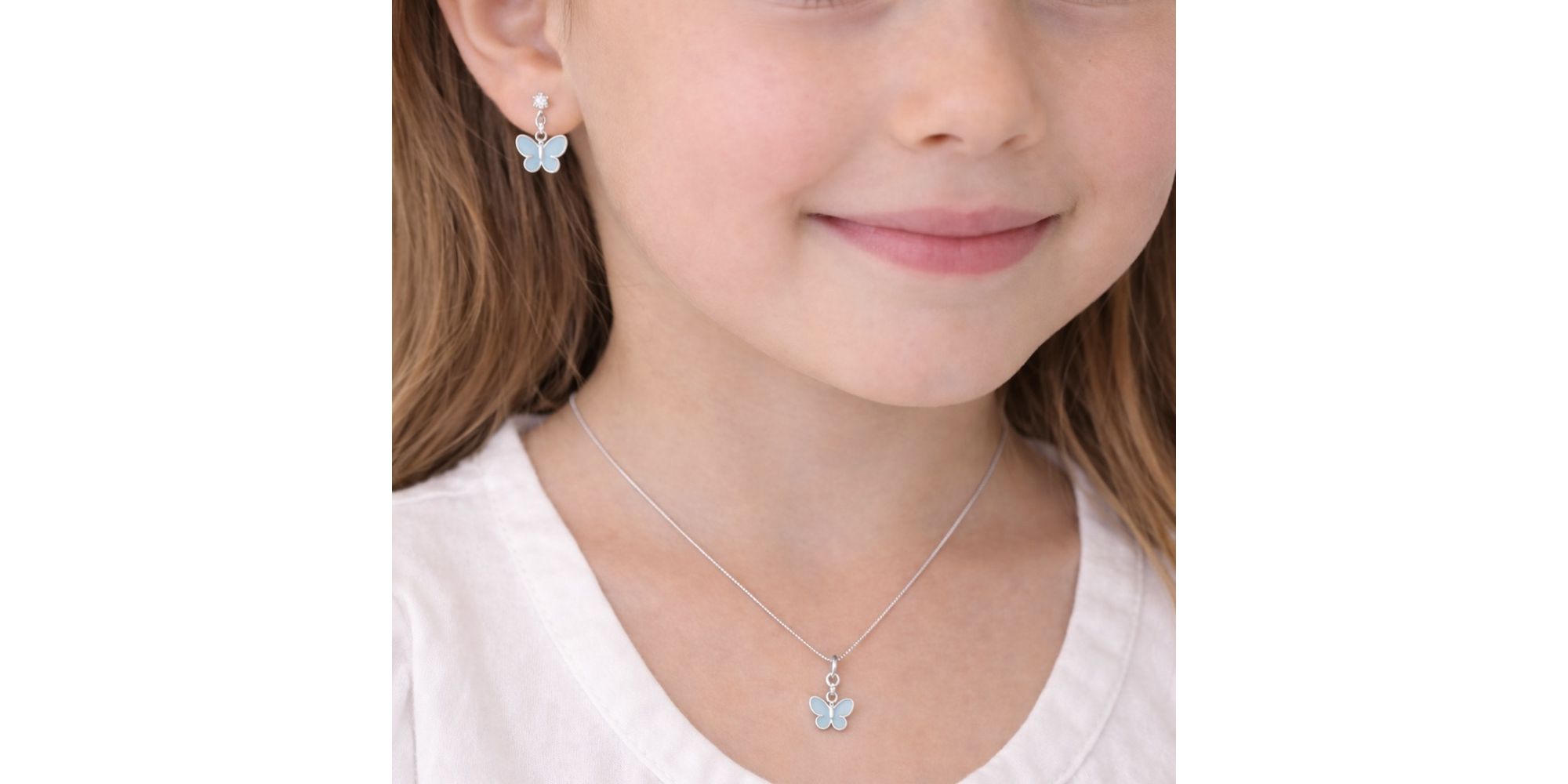 Conjunto Infantil Borboleta Azul Banhado a Prata 925