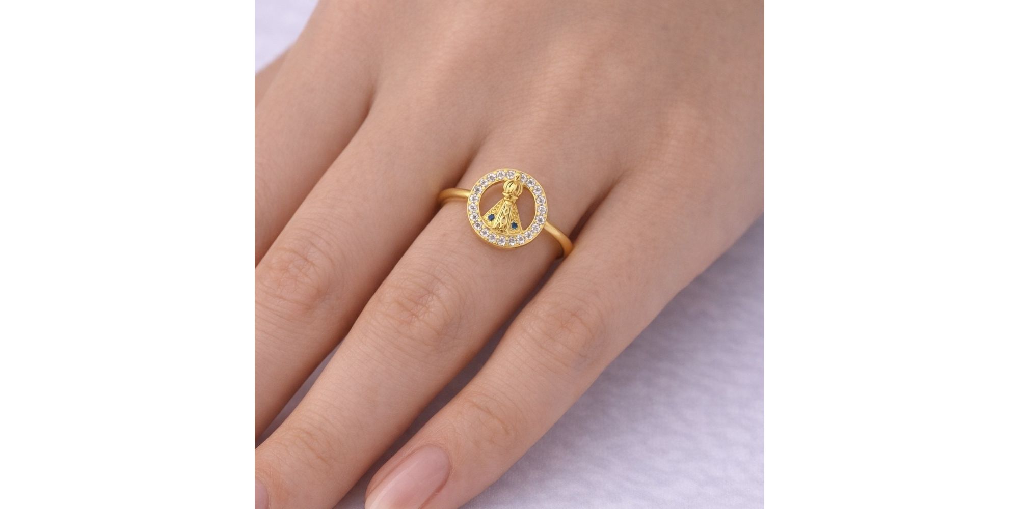 Anel Nossa Senhora Azul Cravejada Banhado a Ouro 18k