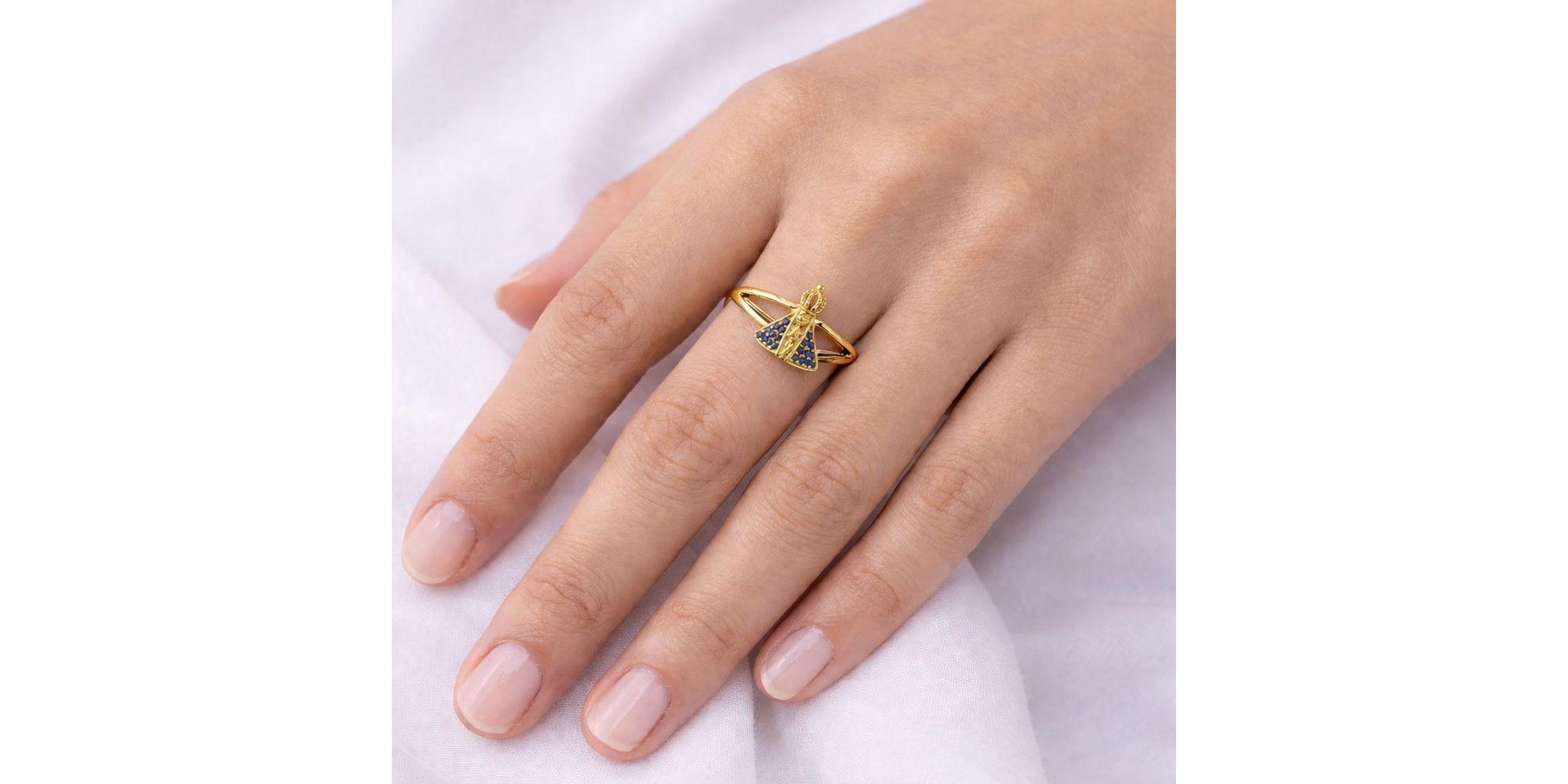 Anel Nossa Senhora Cravejado Azul Banhado a Ouro 18K