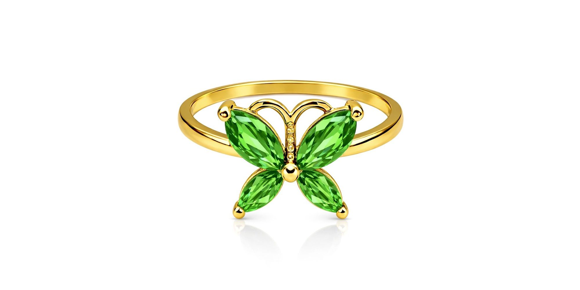 Anel Borboleta Verde Quatro Pedras Zircônia Banhado a Ouro 18K