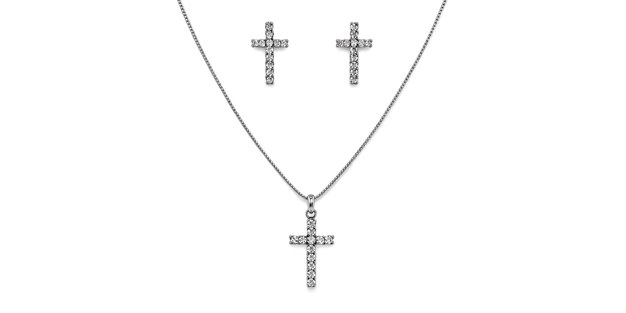 Conjunto Cruz Strass Banhado a Prata 925