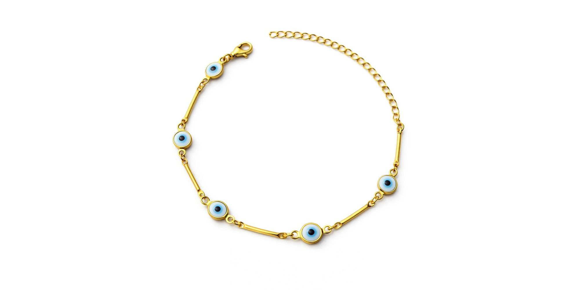 Pulseira Olho Grego Redondo Azul Claro Palito Banhado a Ouro 18K