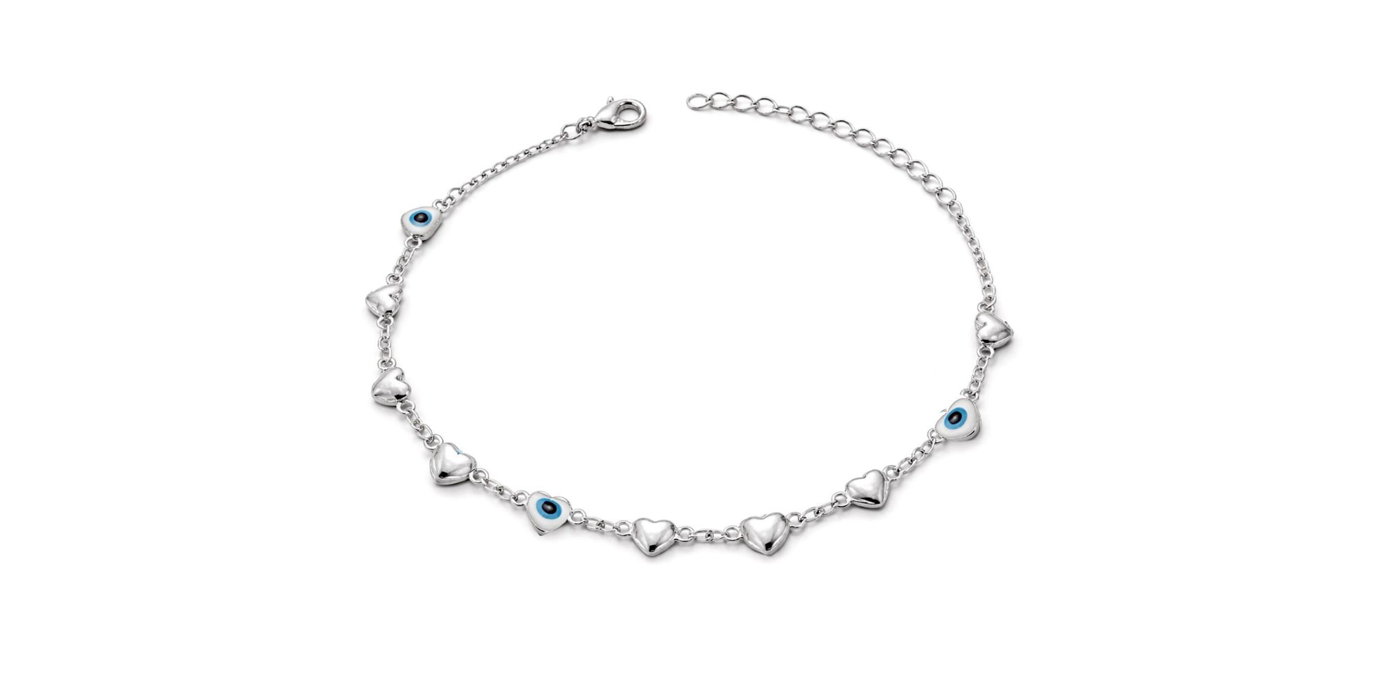 Pulseira Olho Grego Coração Liso Branco Azul Claro Banhado A Prata 925