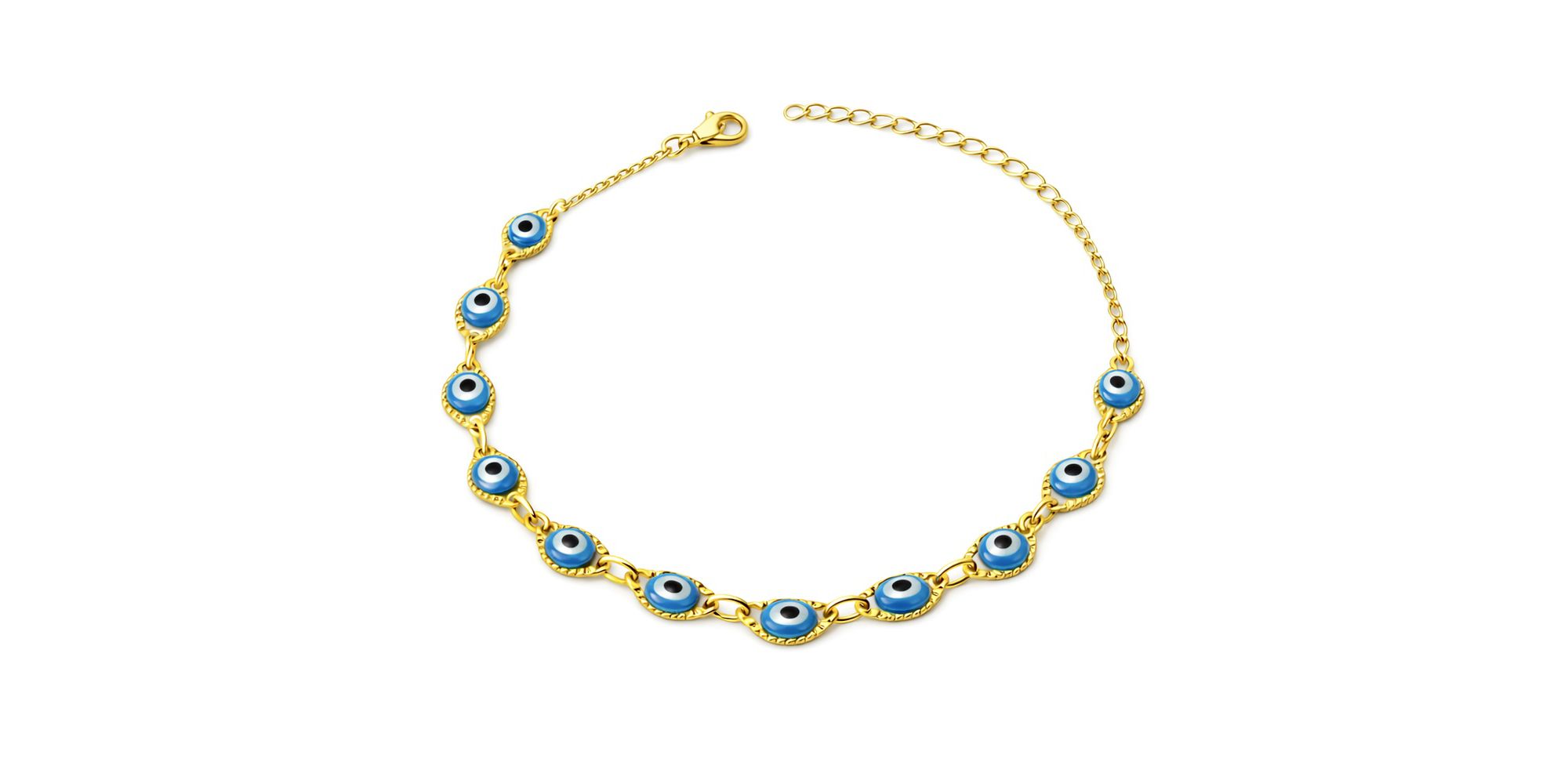 Pulseira Olho Grego Chinês Grande Azul claro Banhado a Ouro 18K