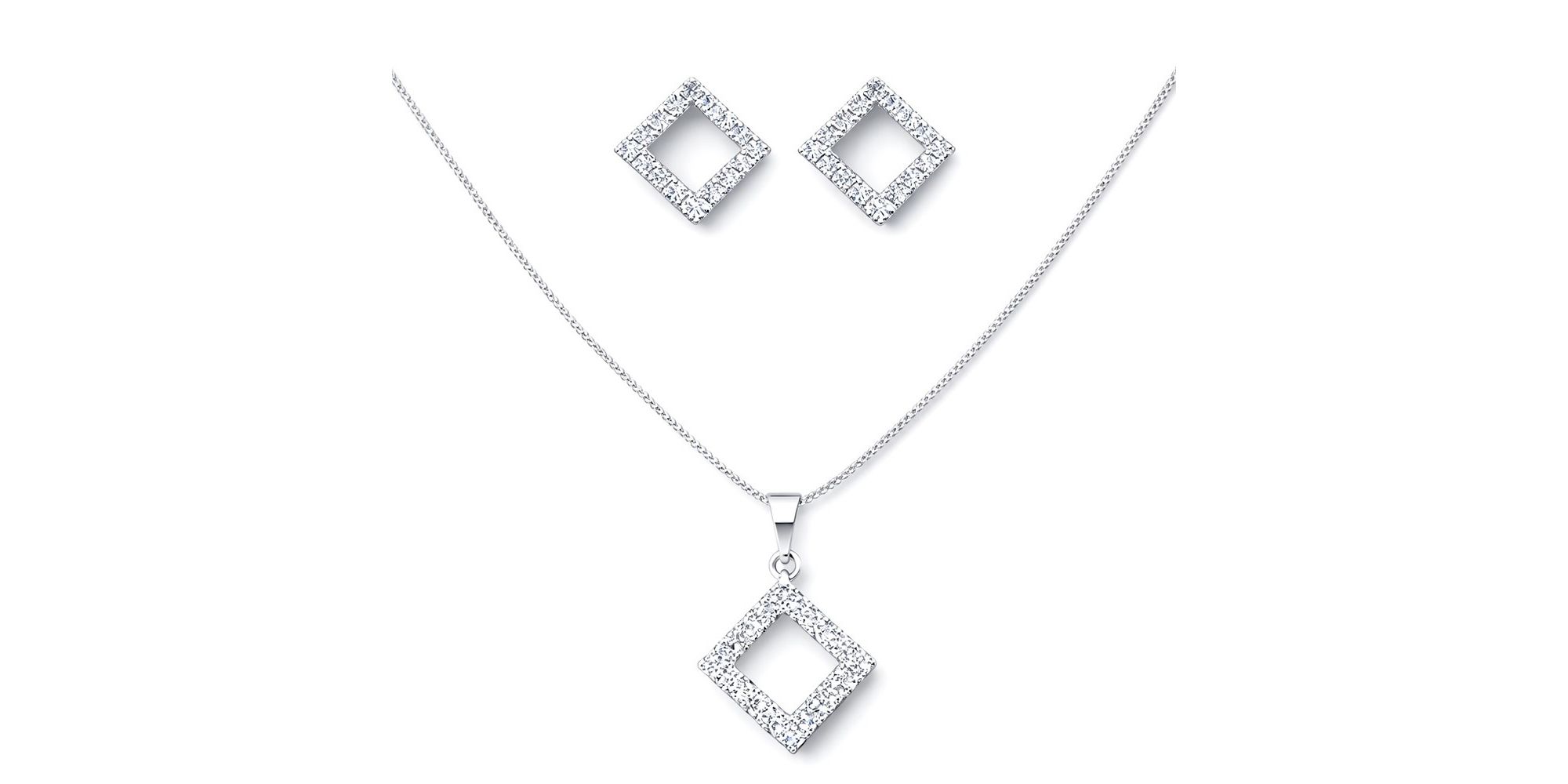 Conjunto Losango Vazado Strass Banhado a Prata 925