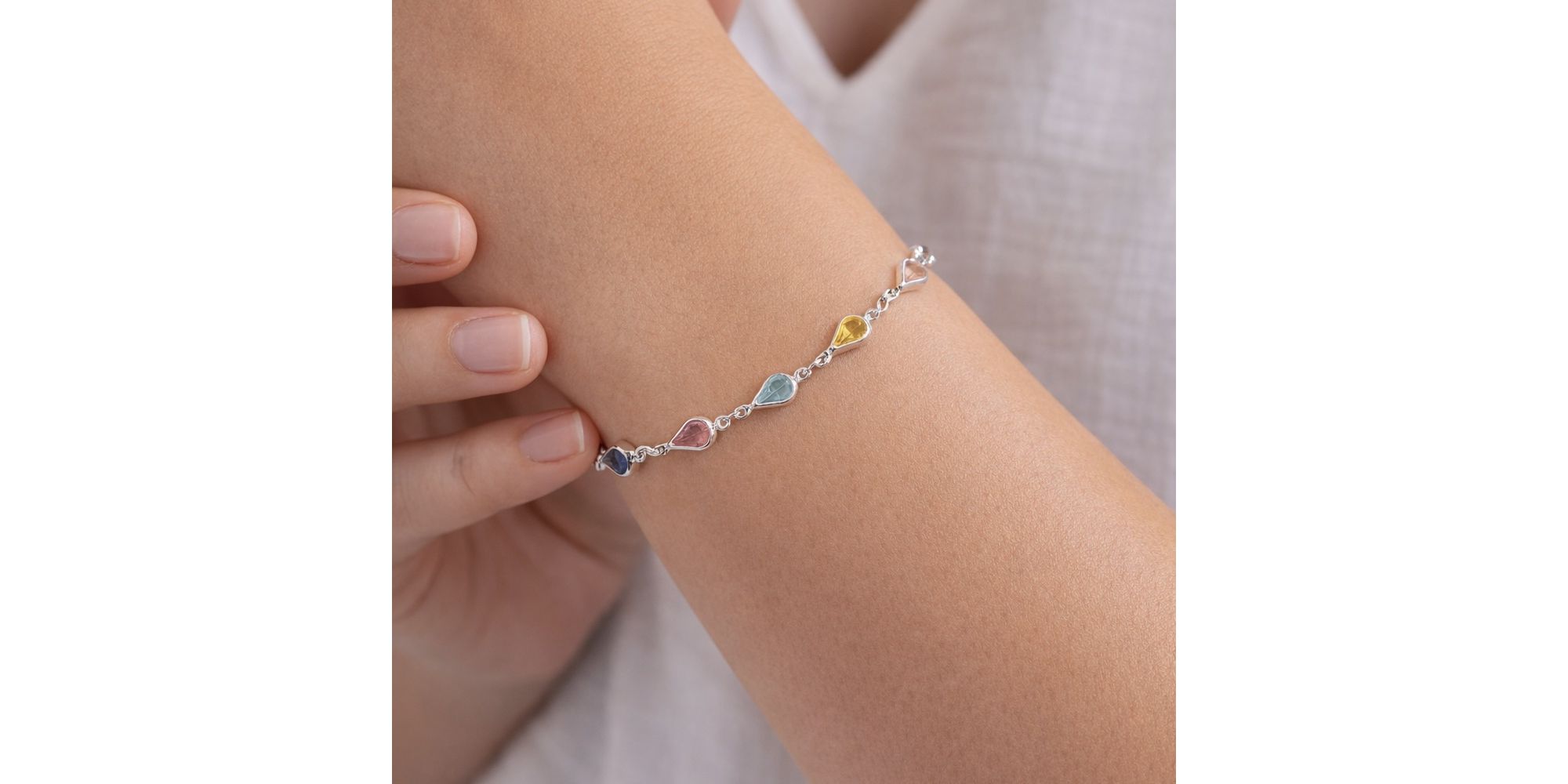 Pulseira Tiffany Gota Colorida Claro Banhado A Prata 925.